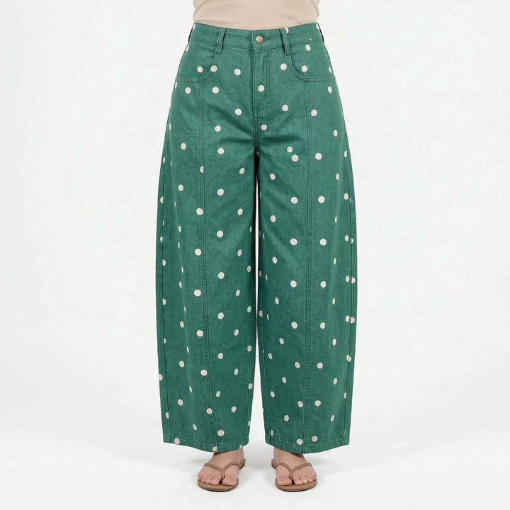 Trendy barreljeans voor dames, high-waist met unieke retro stippenprint, ideaal voor lente outfits.