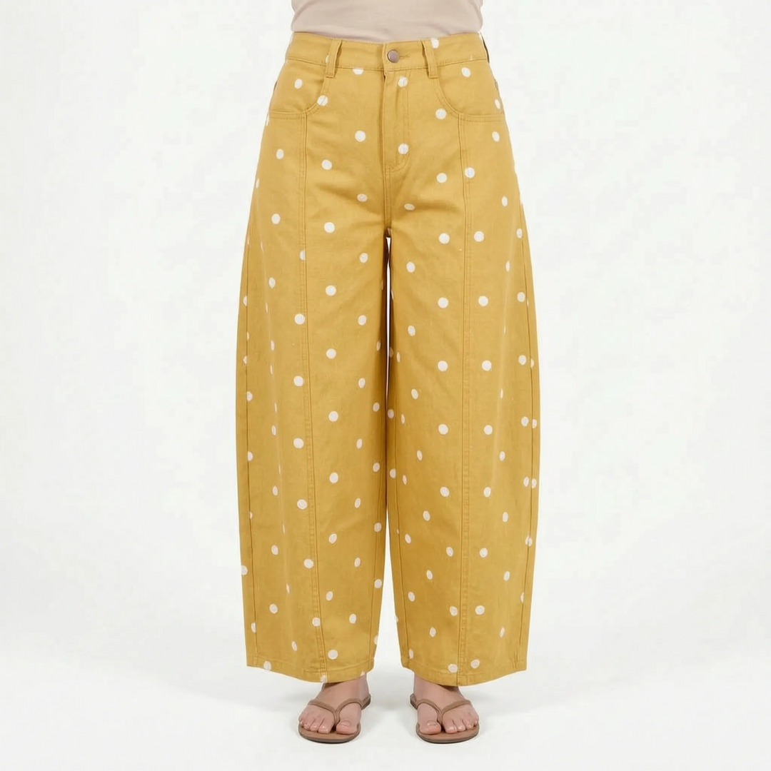 Modieuze high-waist barreljeans met retro stippenprint; comfortabele enkellengte voor dames.