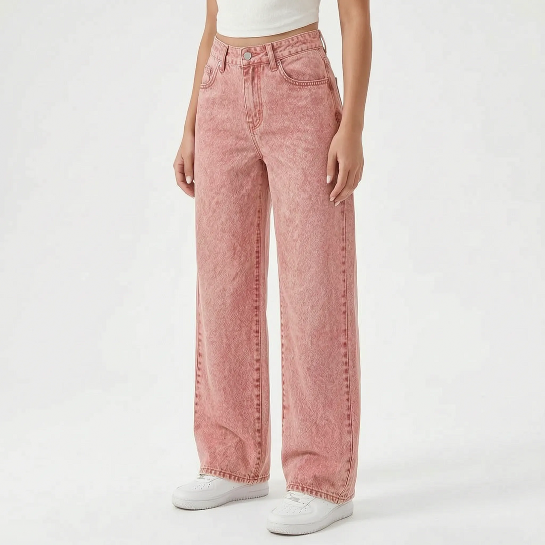 Comfortabele dames jeans met hoge taille en wijde pijpen, van zacht denim voor een relaxte pasvorm.