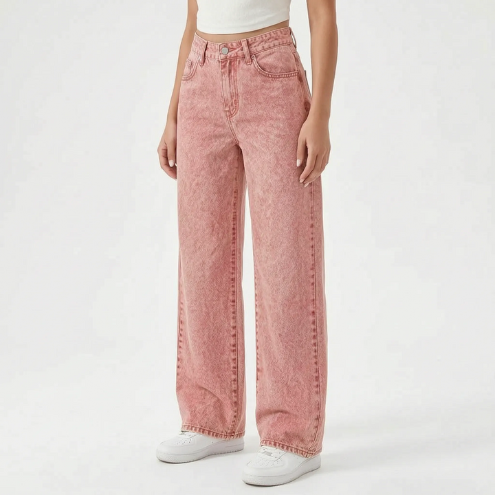 Comfortabele dames jeans met hoge taille en wijde pijpen, van zacht denim voor een relaxte pasvorm.
