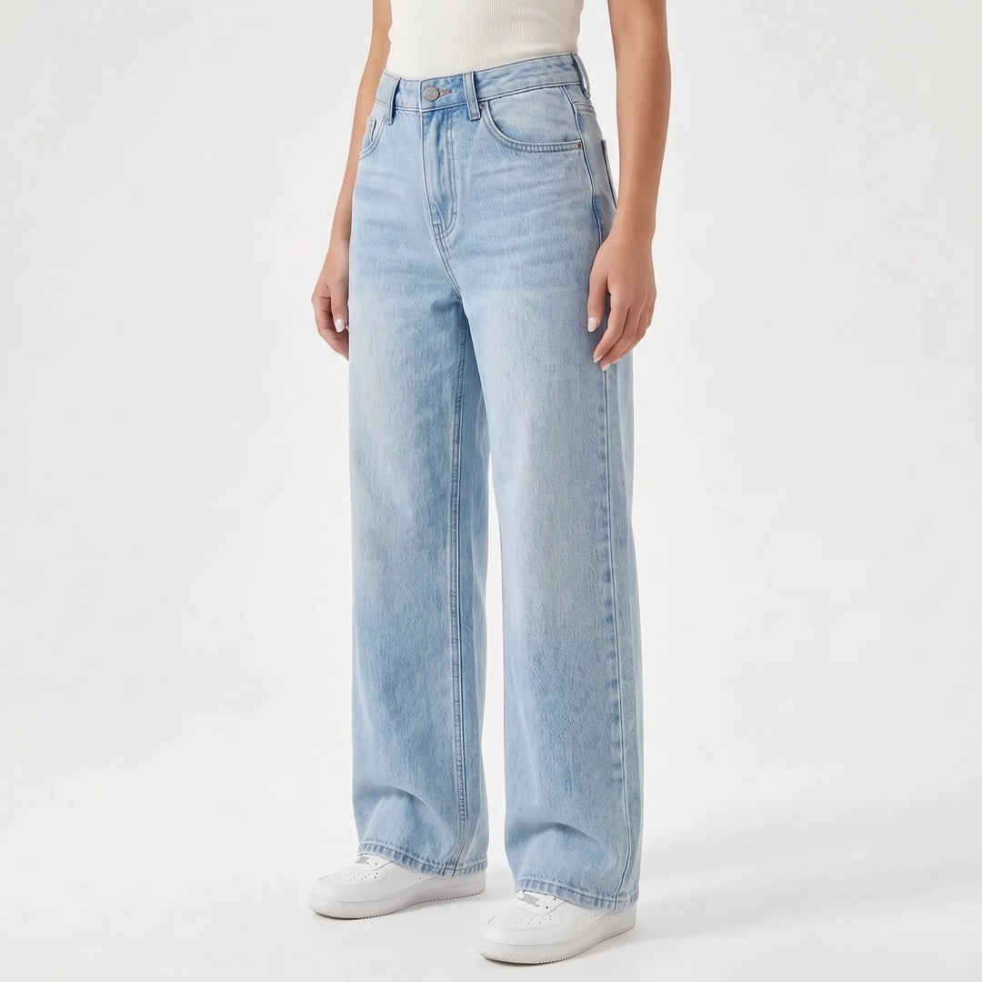 Stijlvolle high-waisted dames jeans met wijde pijpen. Een modieuze casual broek voor diverse outfits.