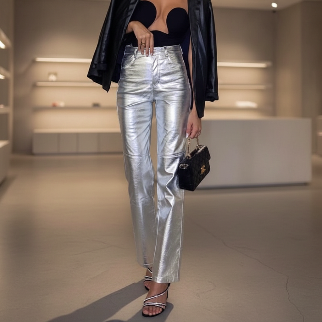 Dames hoog getailleerde broek met metallic look en wijde pijpen voor een feestelijke of casual chic outfit.