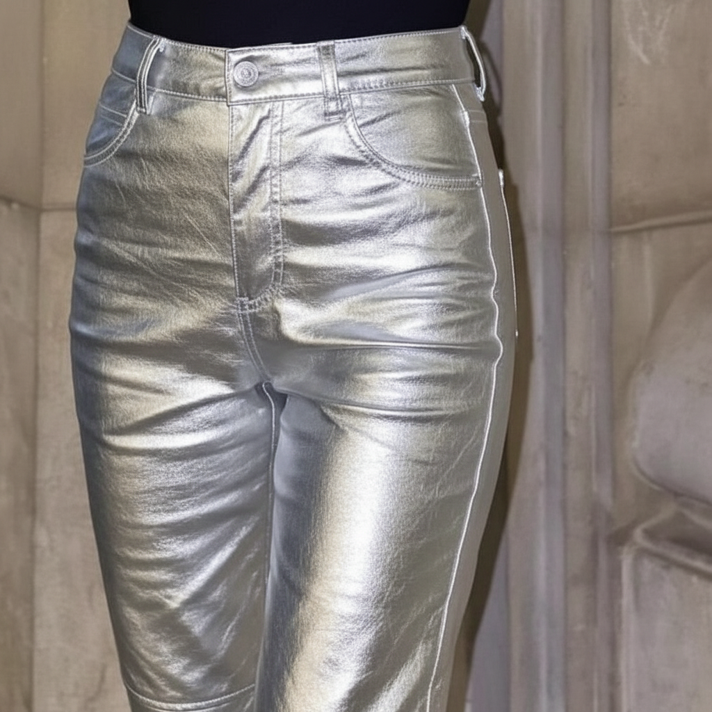 Glanzende metallic damesbroek met hoog getailleerd model en wijde pijpen voor een comfortabele, modieuze stijl.