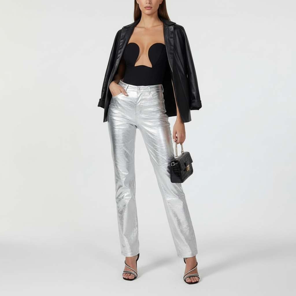 Modieuze hoog getailleerde damesbroek in metallic look, met wijde pijpen en een trendy losse pasvorm.