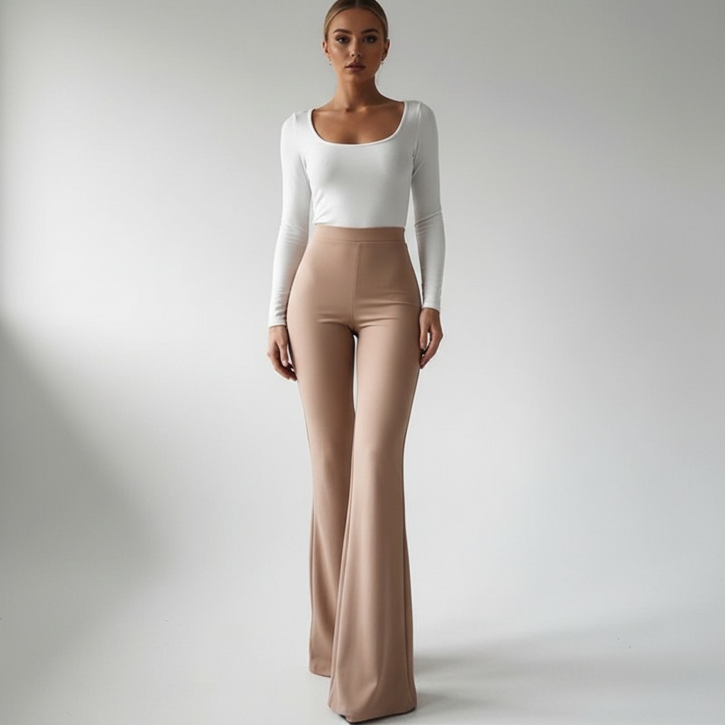 Khaki hooggetailleerde flared broek voor dames, modieus en ideaal voor zakelijke kleding.