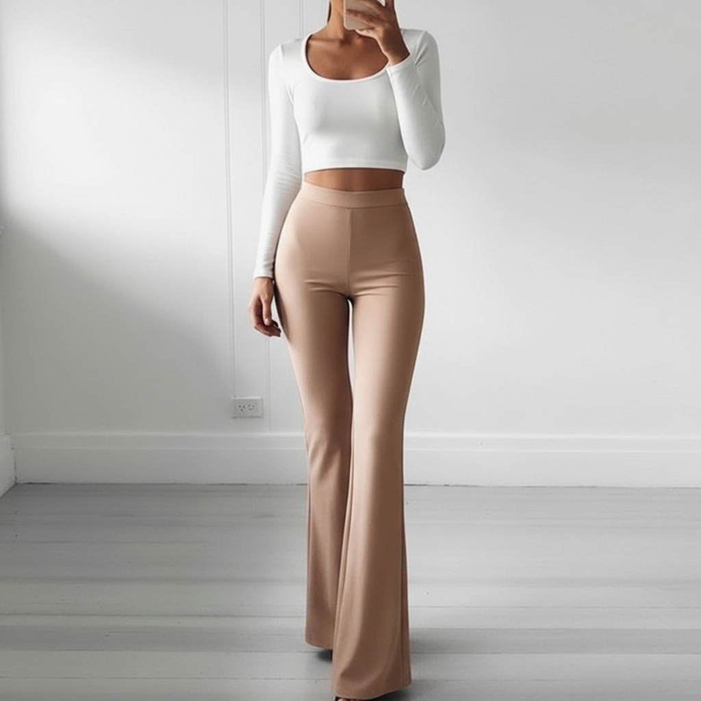 Elegante hooggetailleerde flared broek voor dames, perfect voor een zakelijke of modieuze look.