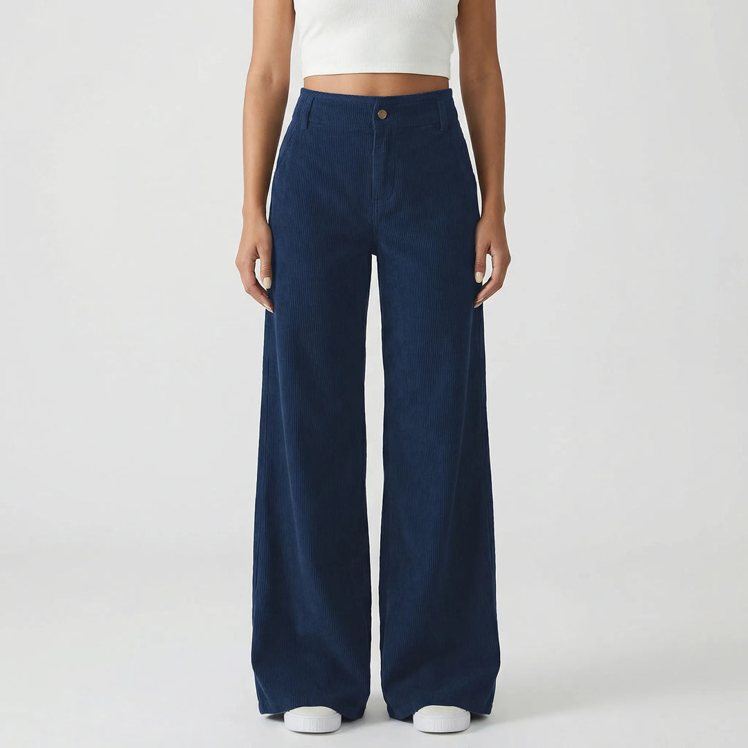 Beverly damesbroek: geribd, hoge taille en wijde pijpen voor een comfortabele en elegante lente-look.