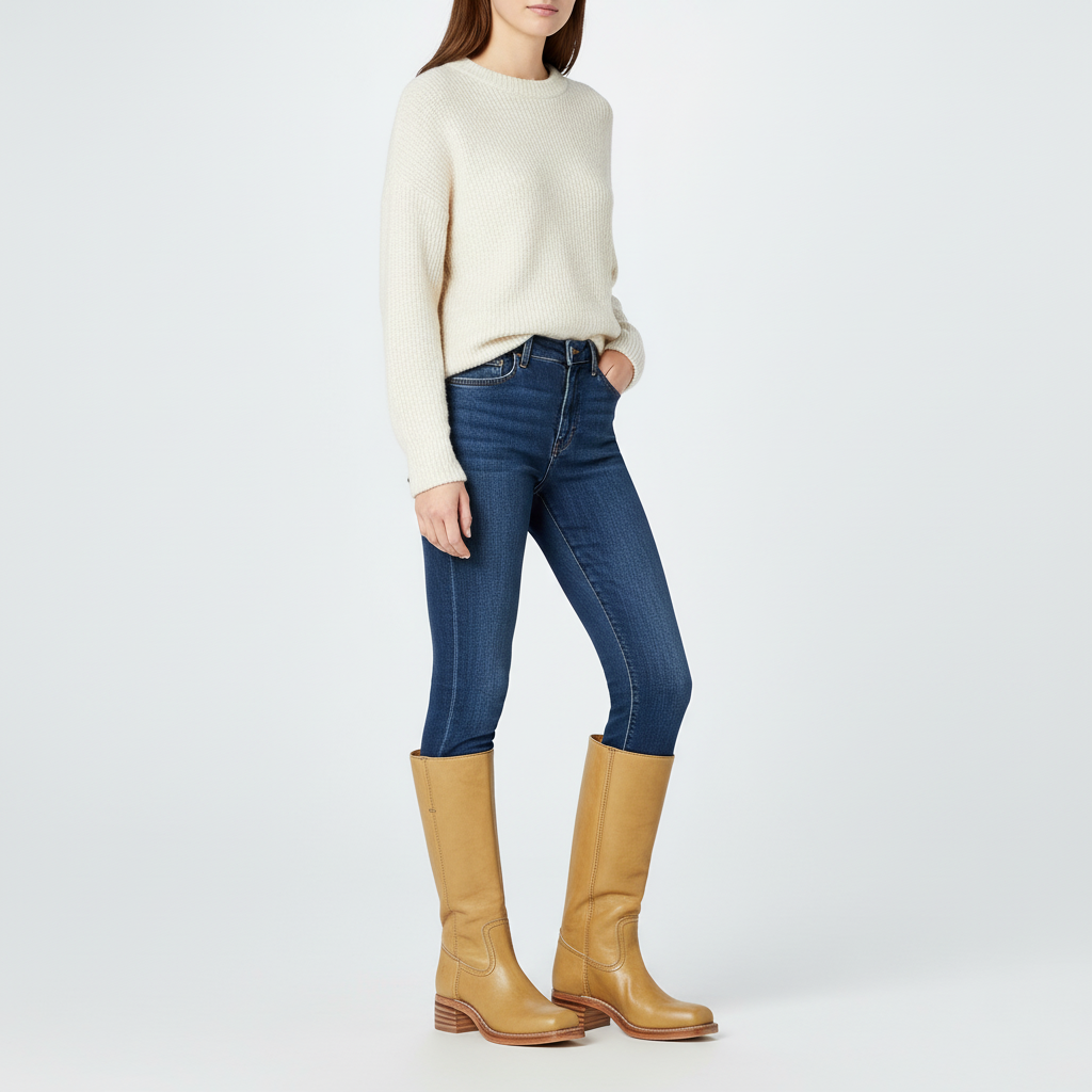 Vrouw draagt Serena hoge dameslaarzen, staand. Comfortabele pasvorm en tijdloze elegantie voor modebewuste vrouwen.
