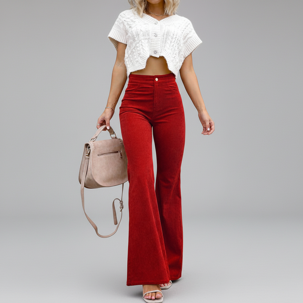 Veelzijdige dames flared broek met hoge taille. Comfortabele Bettina broek met wijde pijpen, perfect voor vrouwenmode.
