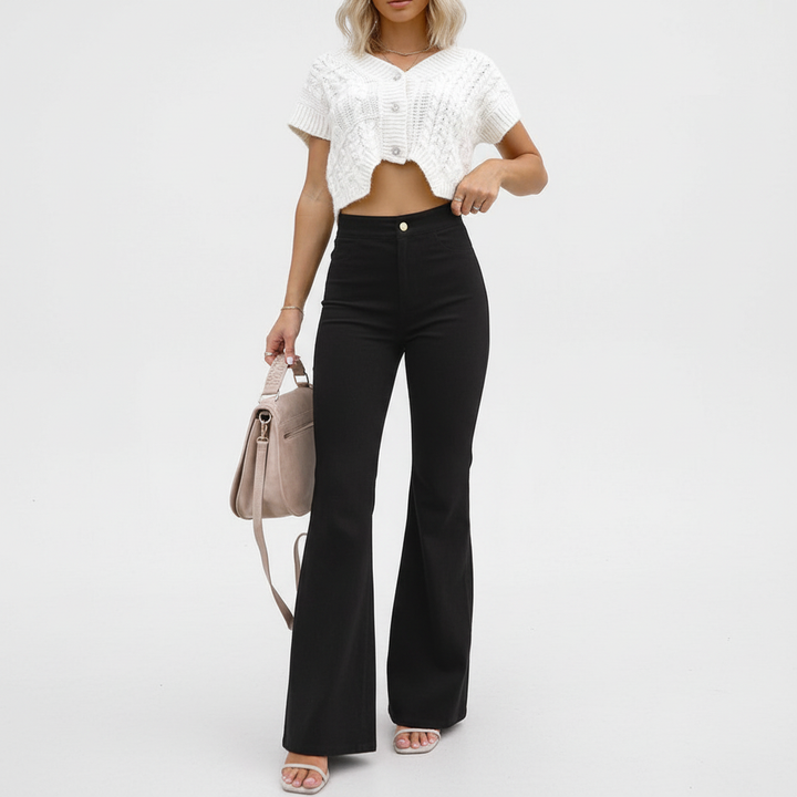 Flatterende dames hoge taille flared broek, comfortabel en elegant. Modieuze Bettina broek met wijde pijpen voor vrouwen.