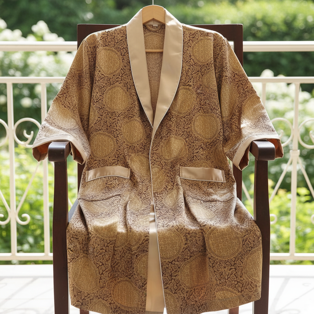 Comfortabele heren badjas van satijn met stijlvol patroon. Perfecte loungewear voor ontspanning thuis.