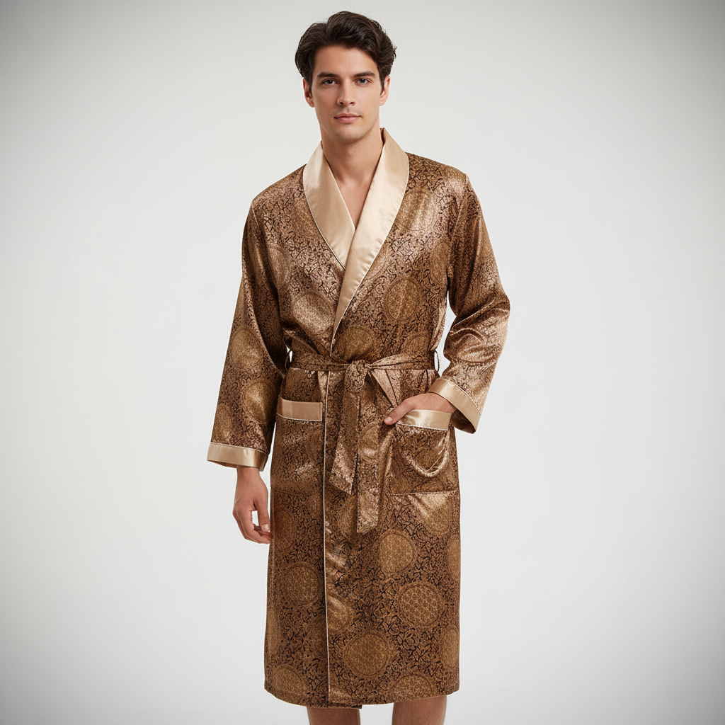 Luxe satijnen heren badjas 'Marius' met elegant patroon, ideaal voor comfort thuis.