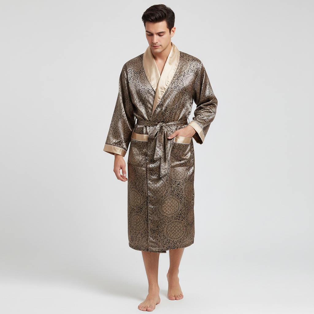 Heren badjas 'Marius' van luxe satijn met patroon. Comfortabele en stijlvolle herenkleding voor thuis.