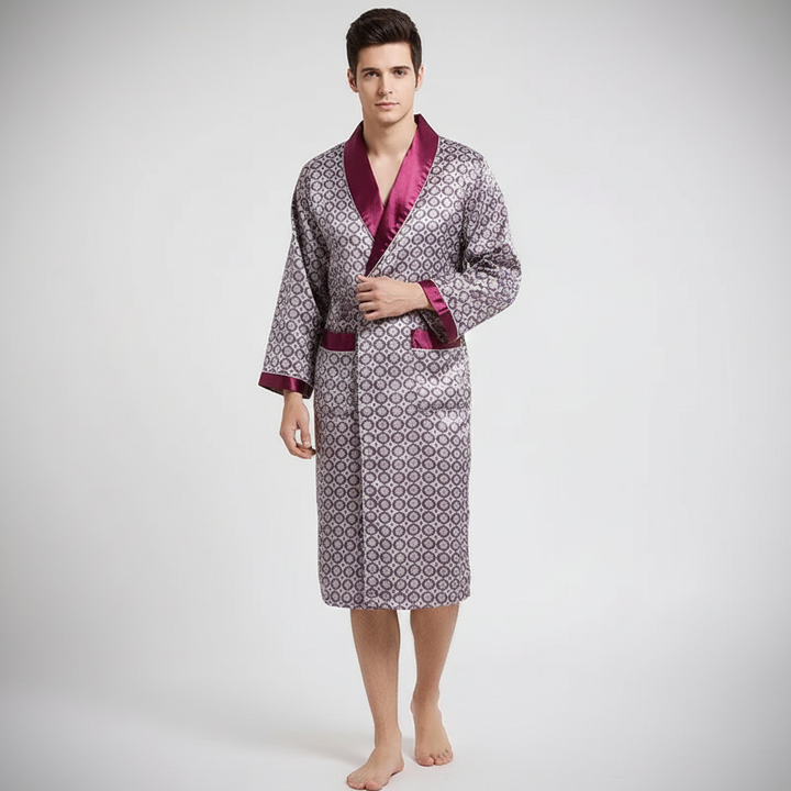 Ontspannende luxe heren badjas met elegant patroon, perfect als cadeau of voor comfortabele avonden thuis.