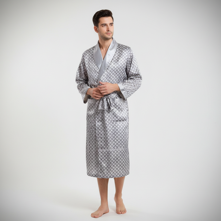 Zachte en stijlvolle heren badjas met patroon, gemaakt van hoogwaardig satijn voor ultiem comfort en luxe.