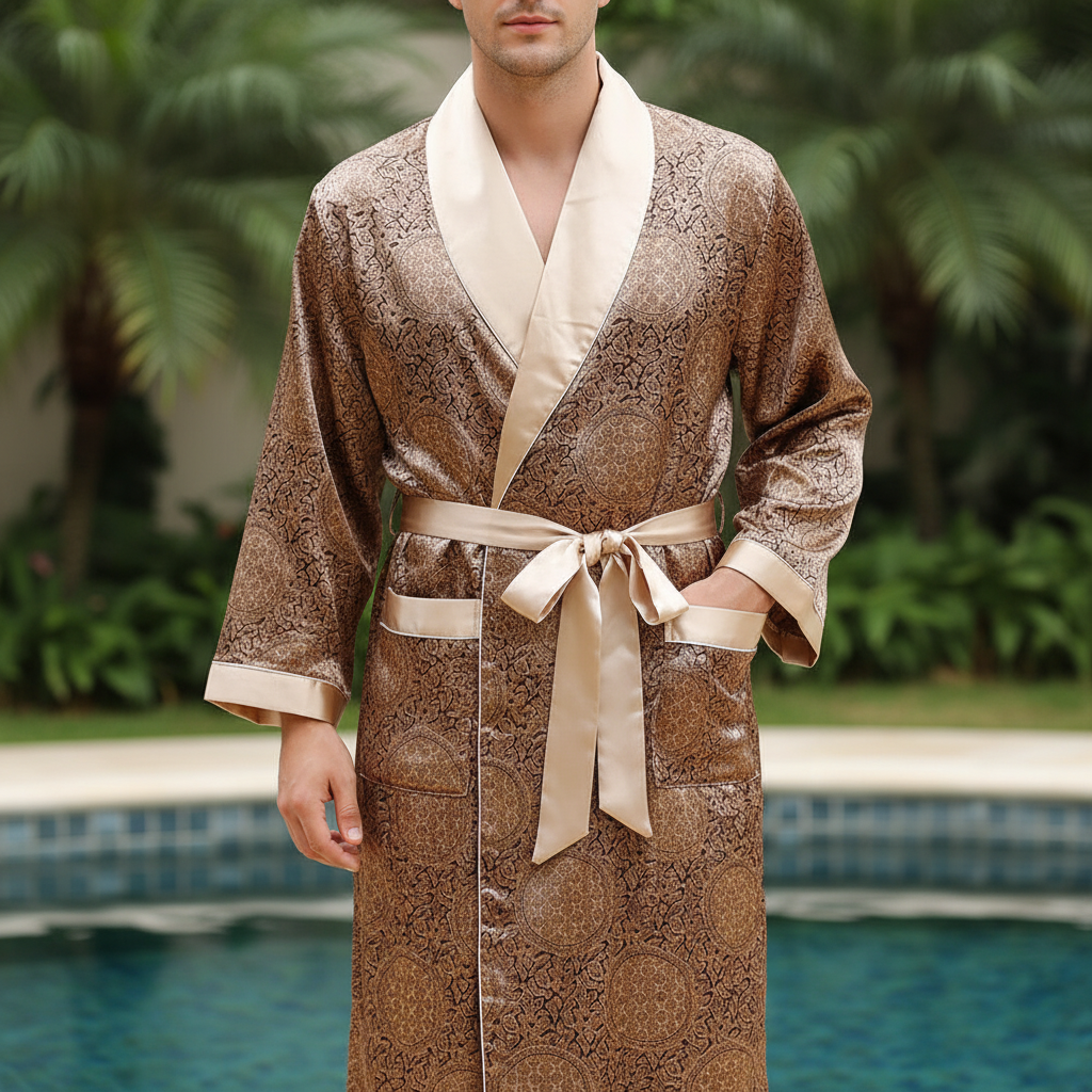 Luxe heren satijnen badjas met elegant patroon; ideaal voor ontspanning en stijlvolle loungewear thuis.