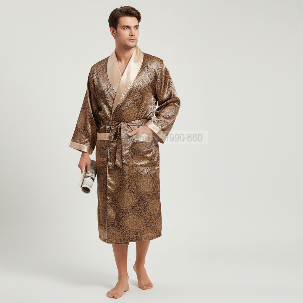 Comfortabele heren badjas van satijn met verfijnd patroon, perfect als huisjas of nachtkleding.
