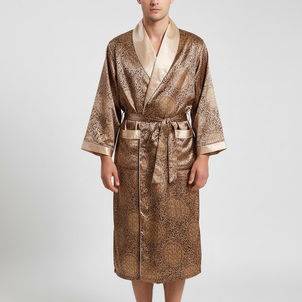 Heren loungewear badjas van glanzend satijn met subtiel patroon, voor ultiem comfort en luxe thuis.