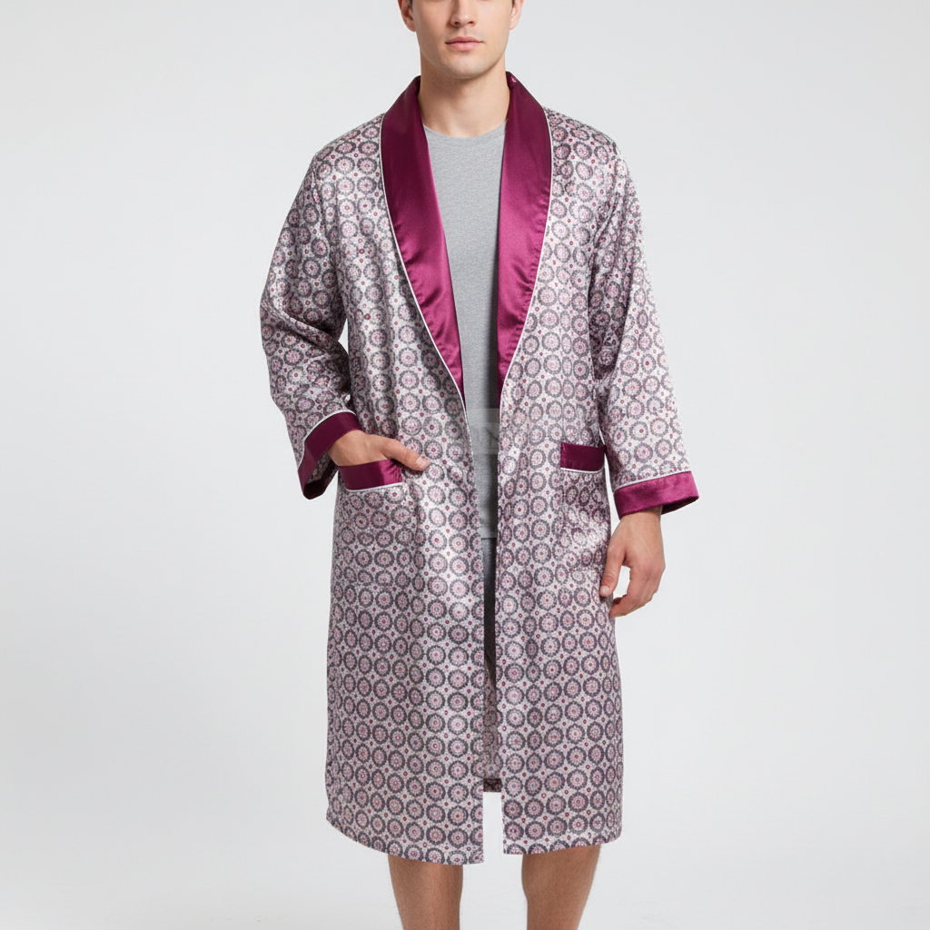 Elegante heren badjas van hoogwaardig satijn, perfect voor ontspanning thuis of als comfortabele nachtkleding.