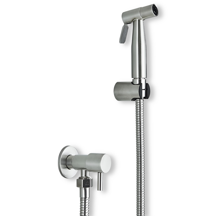 Verbeter uw badkamer met de AquaGleam roestvrijstalen bidet-sproeier voor een frisse en schone toilet ervaring.