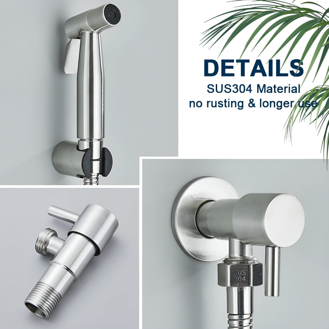 Ultieme hygiëne met de AquaGleam roestvrijstalen bidet-sproeikop, perfect voor elke moderne badkamer en toilet.