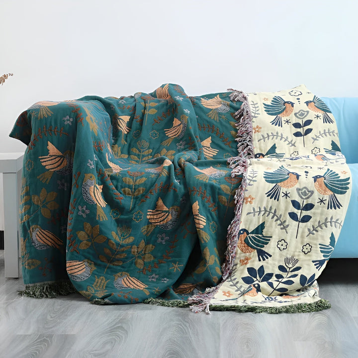Omkeerbare boho deken met gedetailleerde geborduurde bloemen & vogels. Zachte katoenen deken voor elke kamer.