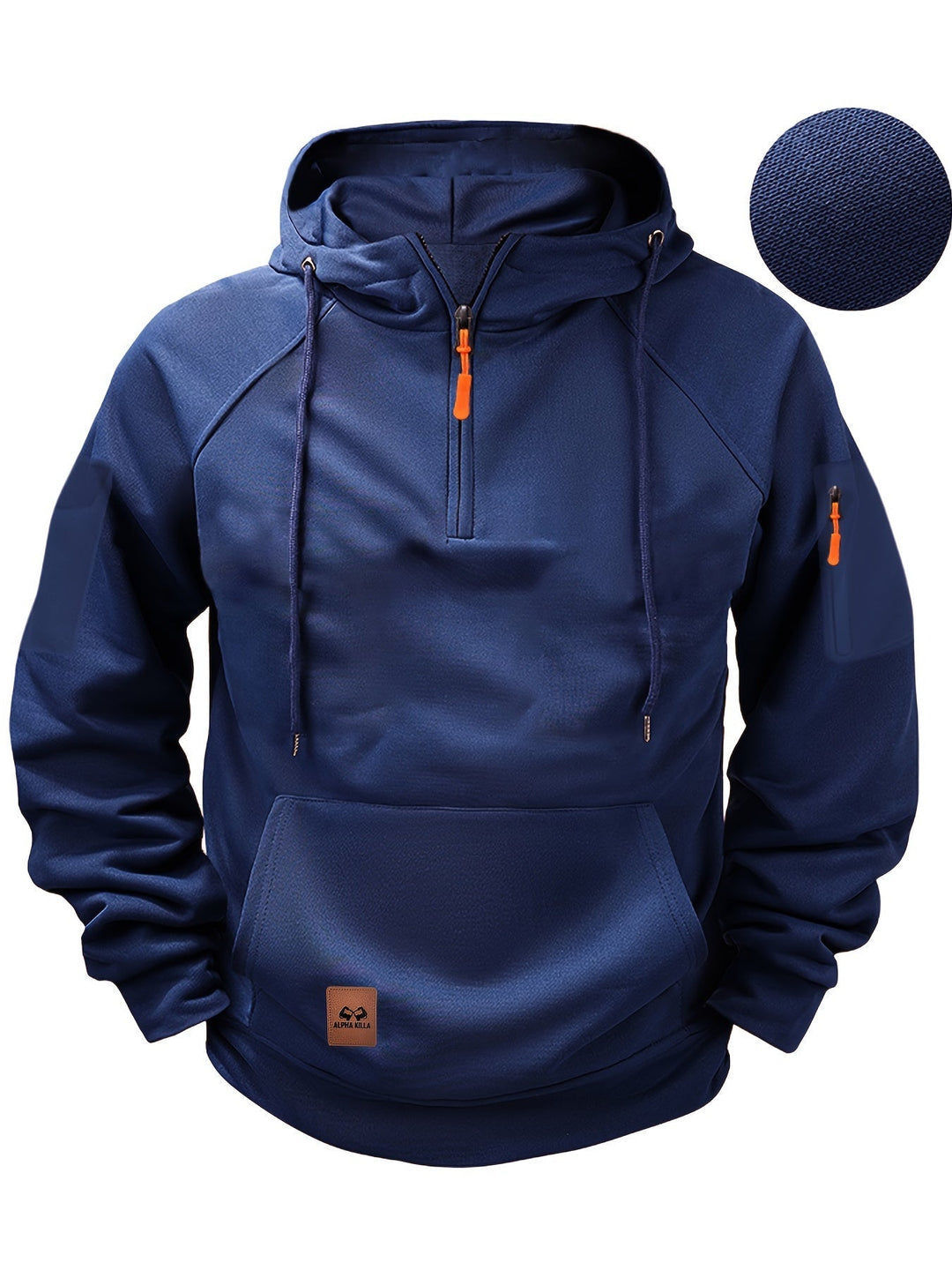 Detail van de stevige rits en ruime zakken op deze functionele herenhoodie.