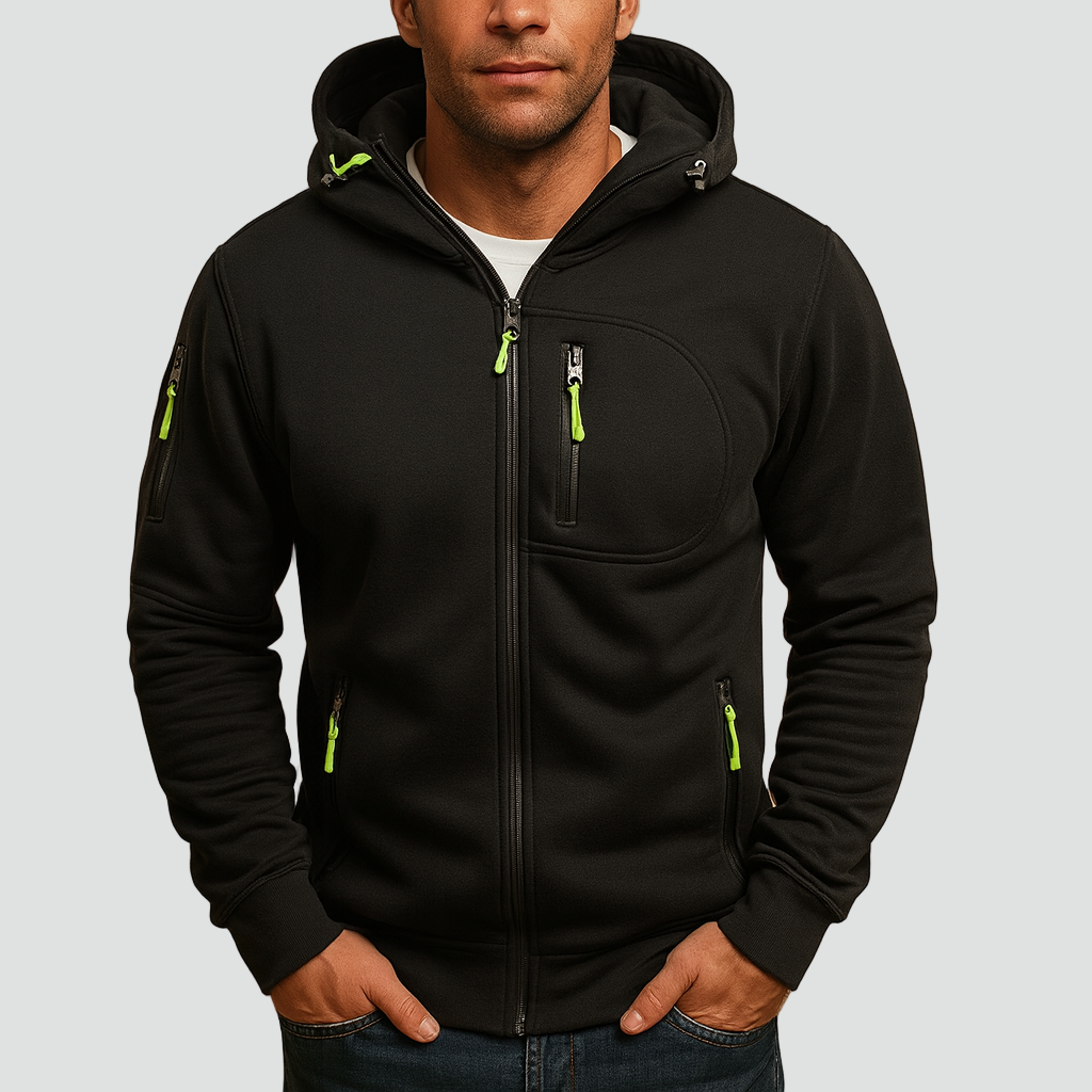 Comfortabele heren hoodie met ritssluiting en warme capuchon, perfect voor koudere dagen en winter casual mode.