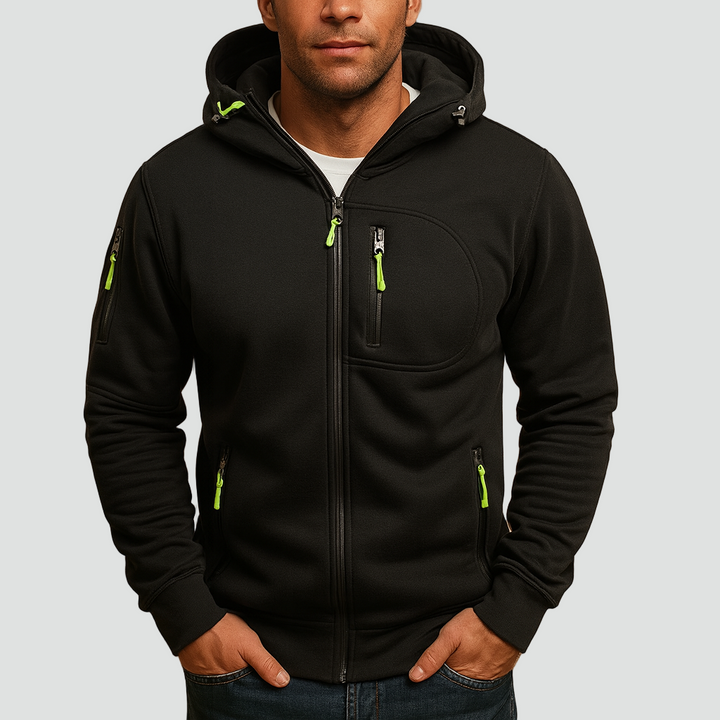 Comfortabele heren hoodie met ritssluiting en warme capuchon, perfect voor koudere dagen en winter casual mode.
