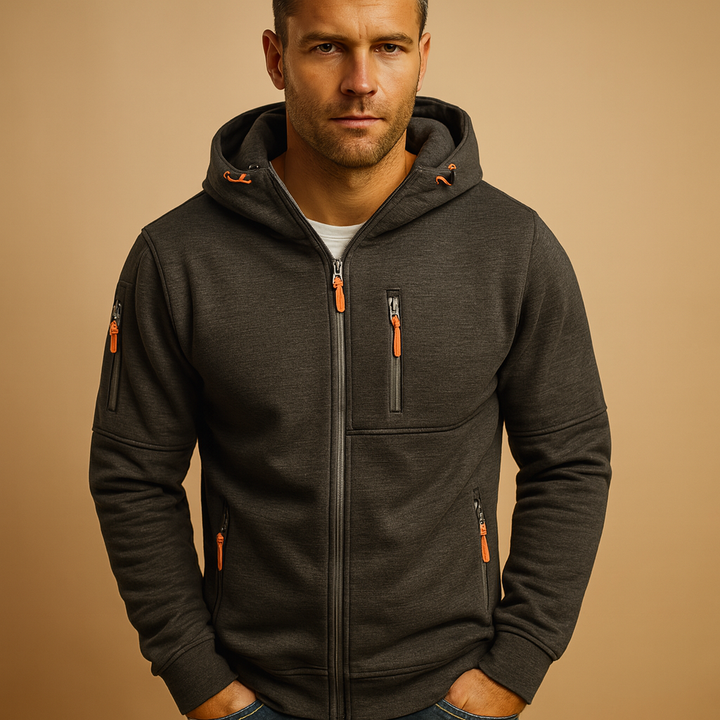 Sportieve heren hoodie met volledige ritssluiting en praktische verstelbare capuchon voor comfort en stijl.