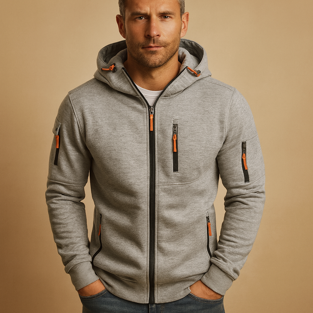 Warm heren vest met ritssluiting en capuchon, comfortabele winterkleding voor een sportieve of casual look.