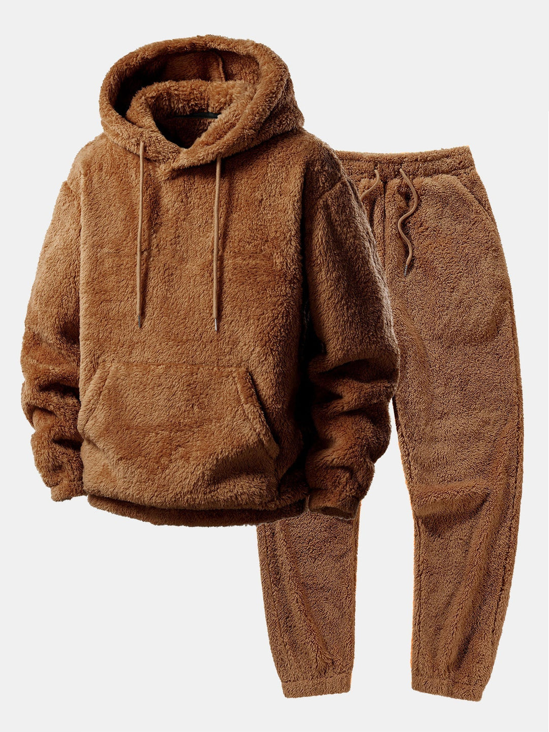 Close-up van de zachte fleece stof van de unisex hoodie en jogger loungeset, voor warmte en comfort.