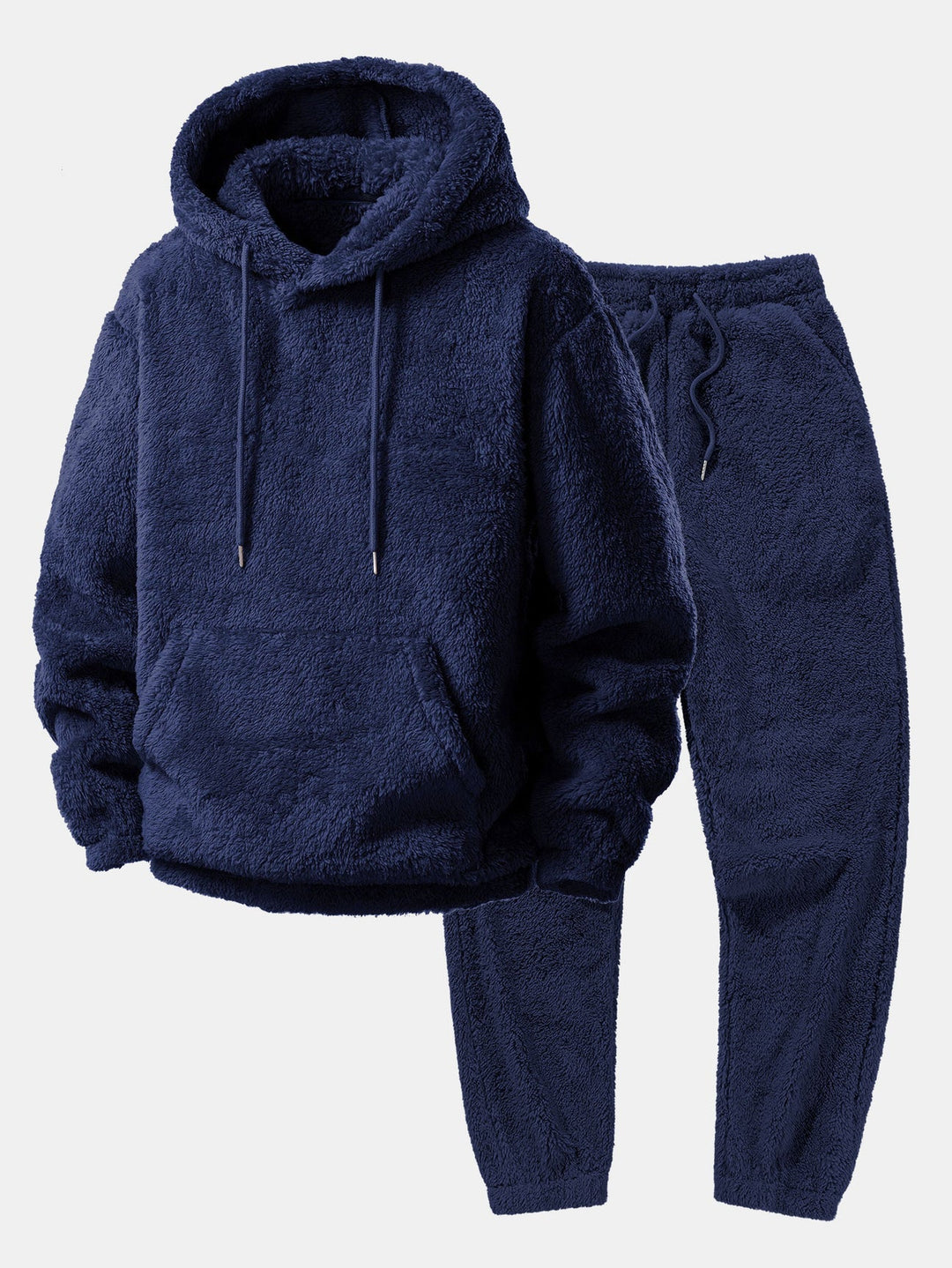 Comfortabele en warme unisex fleece loungeset, bestaande uit hoodie en jogger, voor dagelijks gebruik.