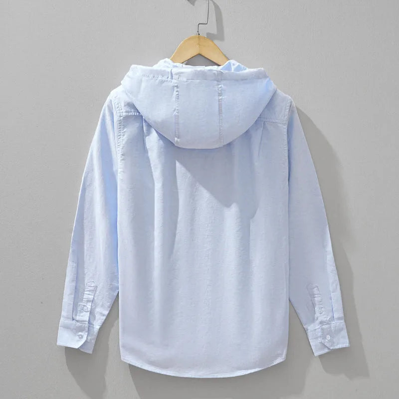Casual unisex linnen trui met capuchon en handige borstzak. Perfect voor een comfortabele lentelook.