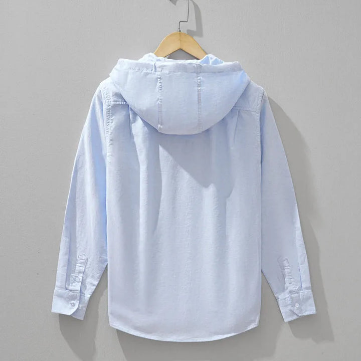 Casual unisex linnen trui met capuchon en handige borstzak. Perfect voor een comfortabele lentelook.