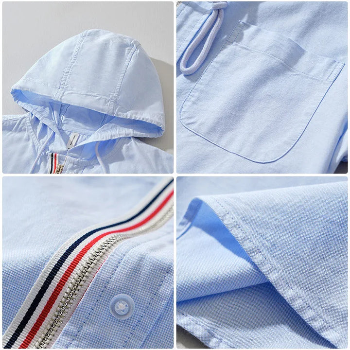 Lichtgewicht linnen hoodie met capuchon voor unisex, voorzien van een stijlvolle borstzak. Geschikt voor zomer.