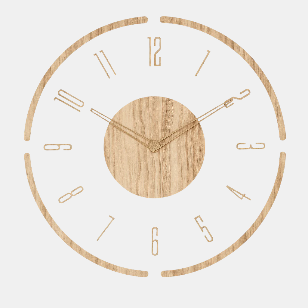 Minimalistische ronde wandklok met stille beweging, ideaal voor een rustige woonkamer of slaapkamer.