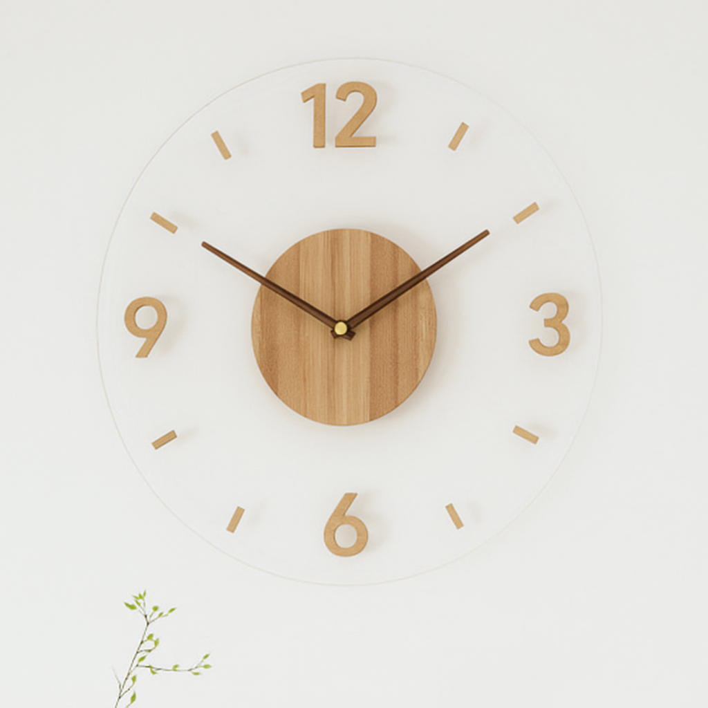 Stijlvolle houten wandklok met Scandinavisch design, perfect voor een modern en duurzaam interieur.