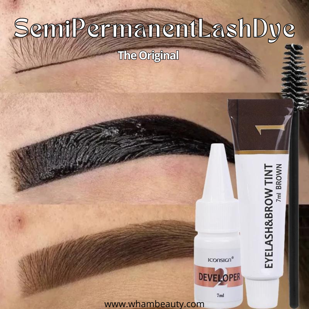 Man brengt semi-permanente wimper- & wenkbrauwtint aan voor voller, donkerder effect.
