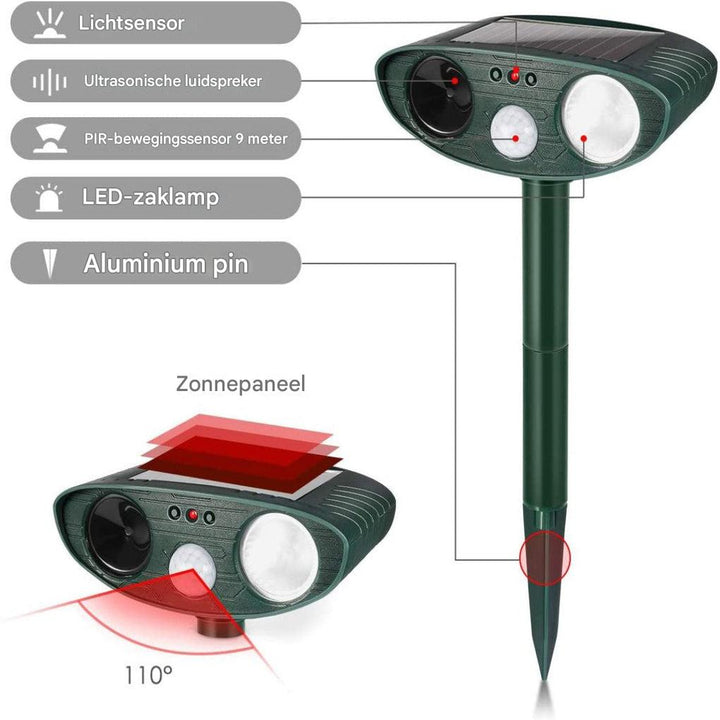 Ultrasone konijnenverjager op zonne-energie. Diervriendelijke tuinafweer met solar paneel voor effectieve bescherming.