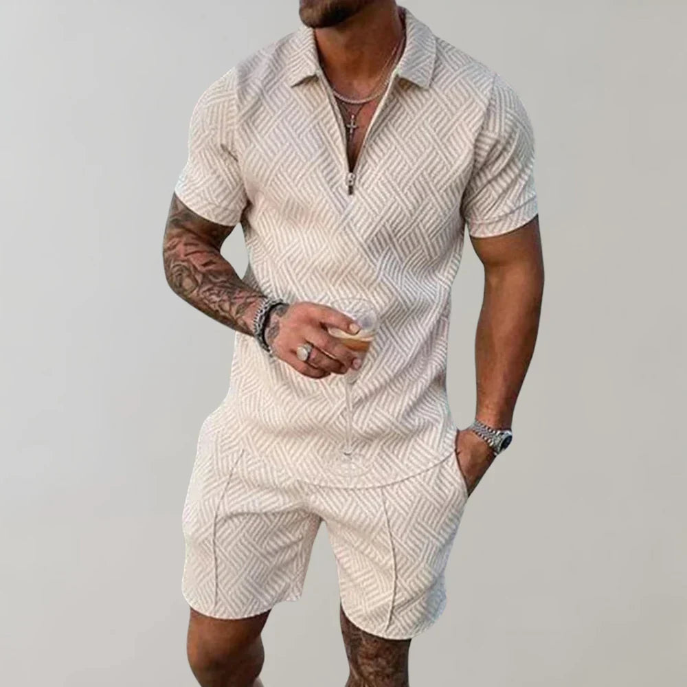 Heren zomerset van Hoymans. Tweedelig, lichtgewicht en ademend, ideaal voor casual zomer- of strandkleding.