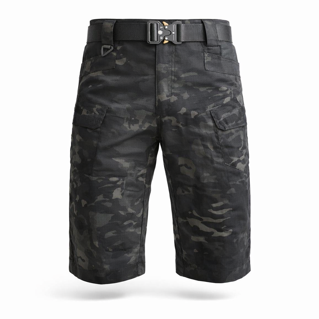 Camouflage heren cargo korte broek, robuust en comfortabel, ideaal voor avontuurlijke mannen.