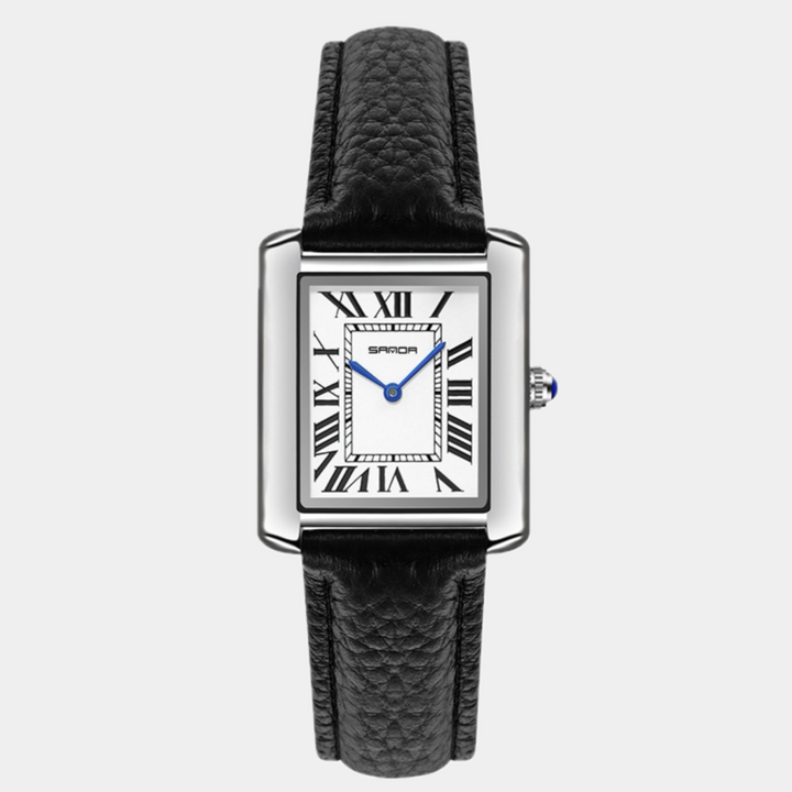 Hoogwaardig herenhorloge met vierkante kast en leren band, voorzien van Romeinse cijfers voor een klassieke uitstraling.