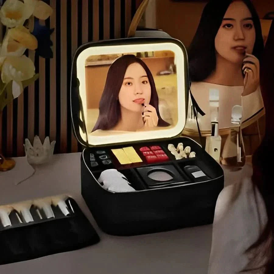 Stijlvolle draagbare make-up tas met LED-spiegel, ideaal voor reizen en het organiseren van je beauty producten.