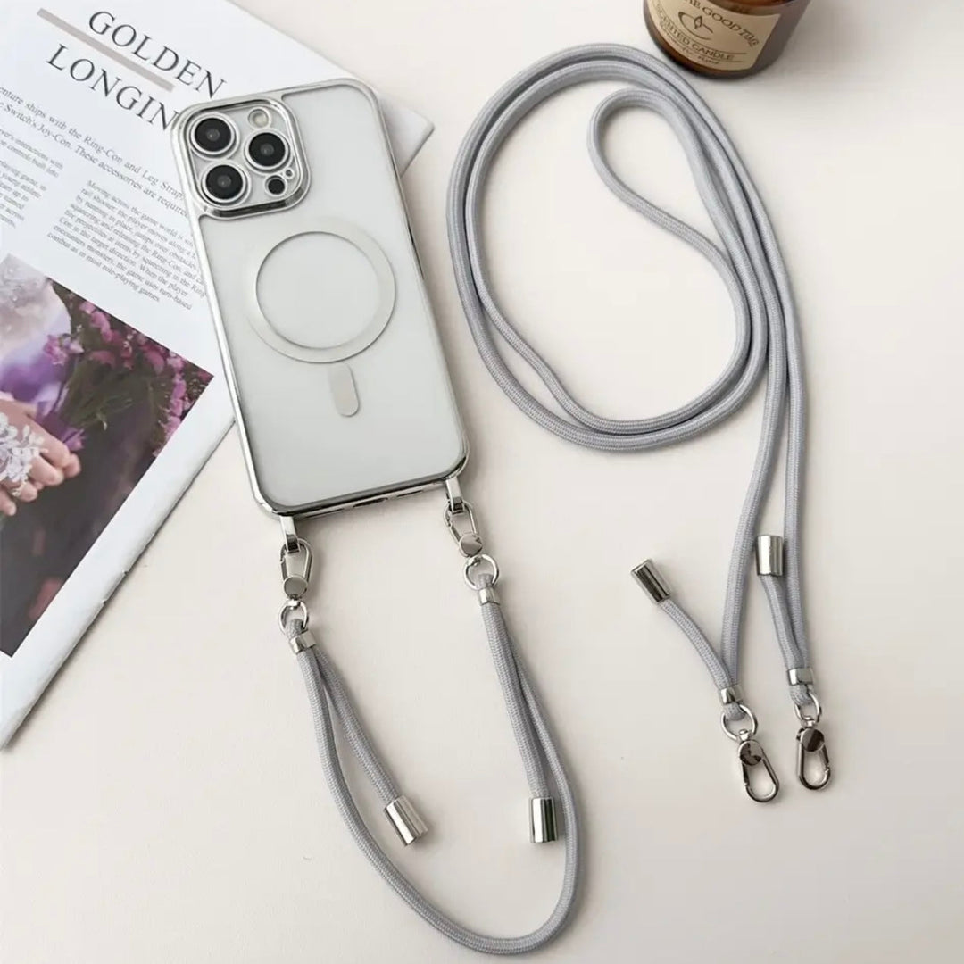 Detail van MagSafe iPhone hoesje met sterke magnetische sluiting en afneembare draagriem. Optimale functionaliteit.