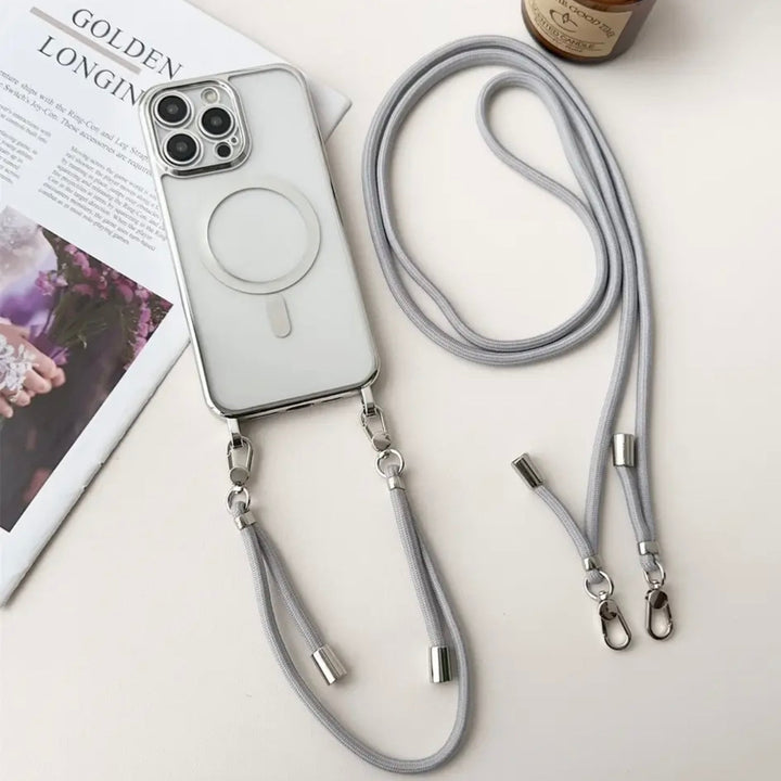 Detail van MagSafe iPhone hoesje met sterke magnetische sluiting en afneembare draagriem. Optimale functionaliteit.