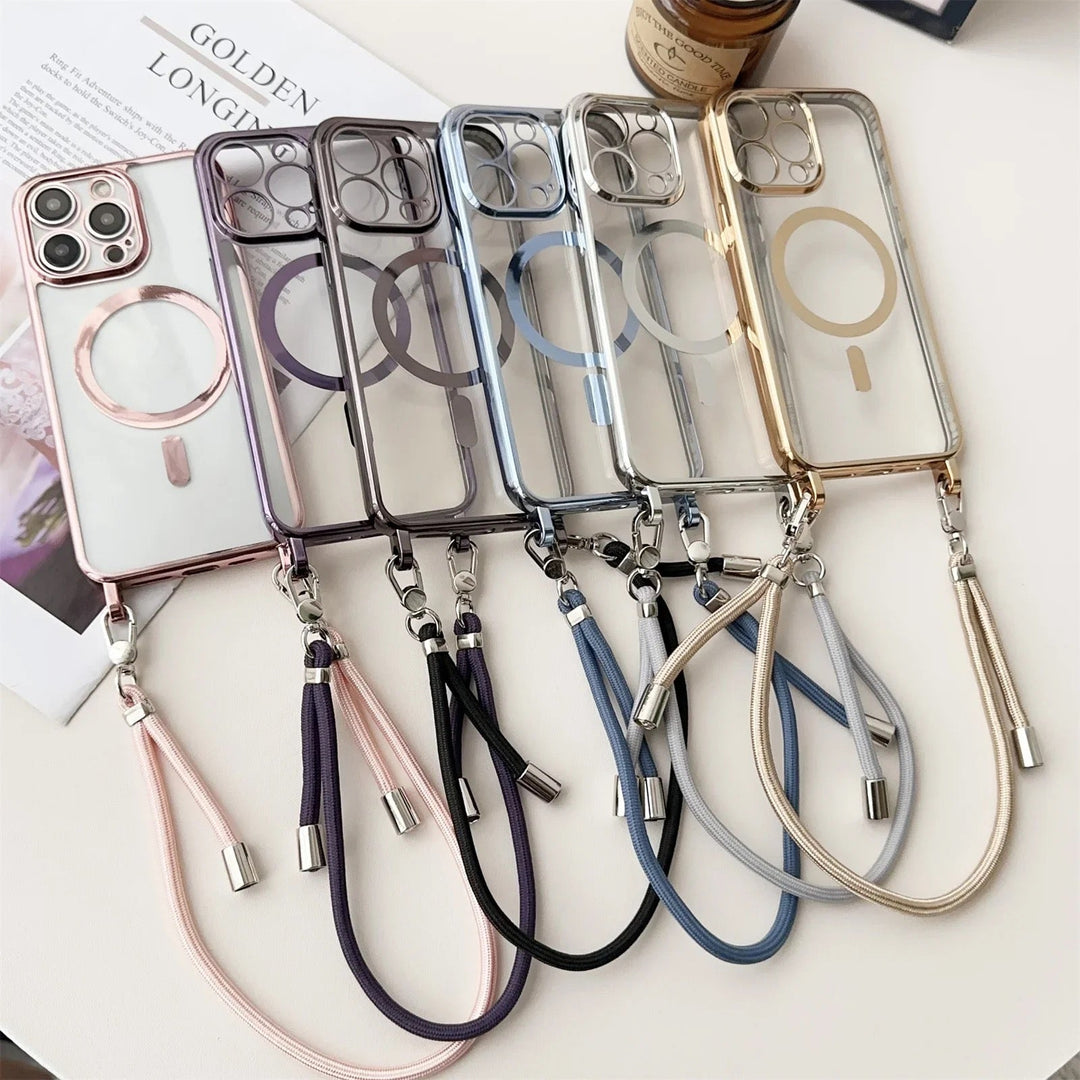 Twee MagSafe iPhone schouderhoezen met draagriem, één 1+1 gratis aanbieding. Dubbele telefoonbescherming.