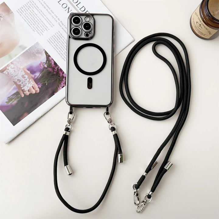 Achterkant van Halo MagSafe iPhone beschermhoes met zachte textuur en stevige draagriembevestiging.