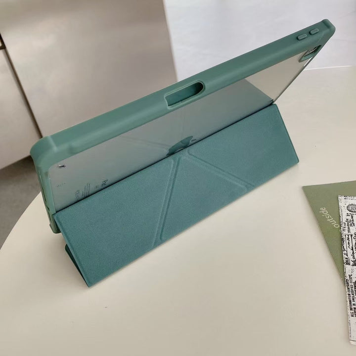 Stijlvolle siliconen iPadhoes met unieke Origami design en flexibele multi-stand, biedt robuuste tabletbescherming.