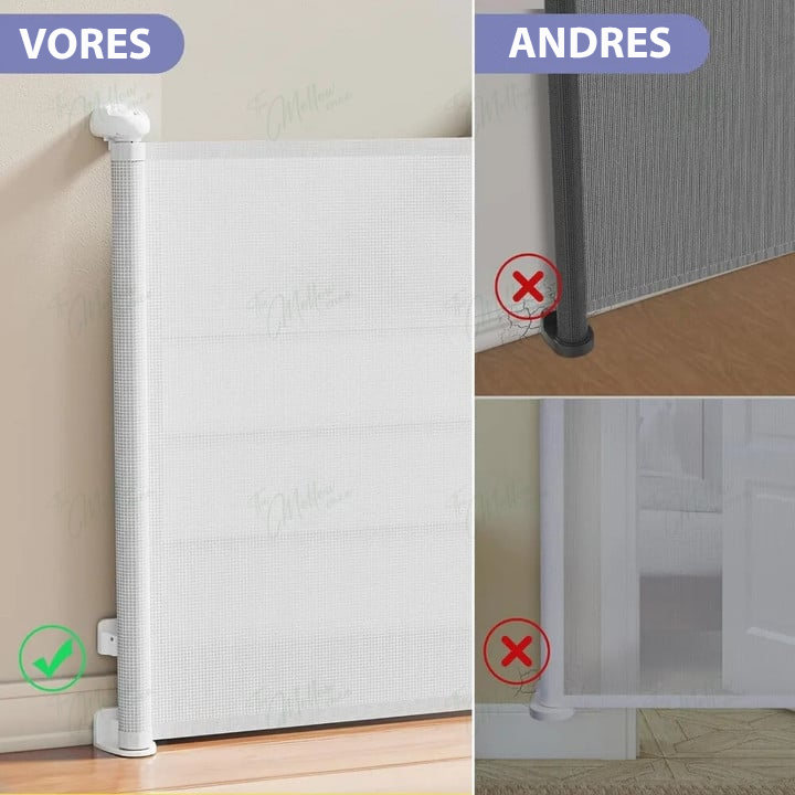 Strak zwart uittrekbaar veiligheidshekje. Ruimtebesparend ontwerp voor moderne thuisveiligheid van baby's.